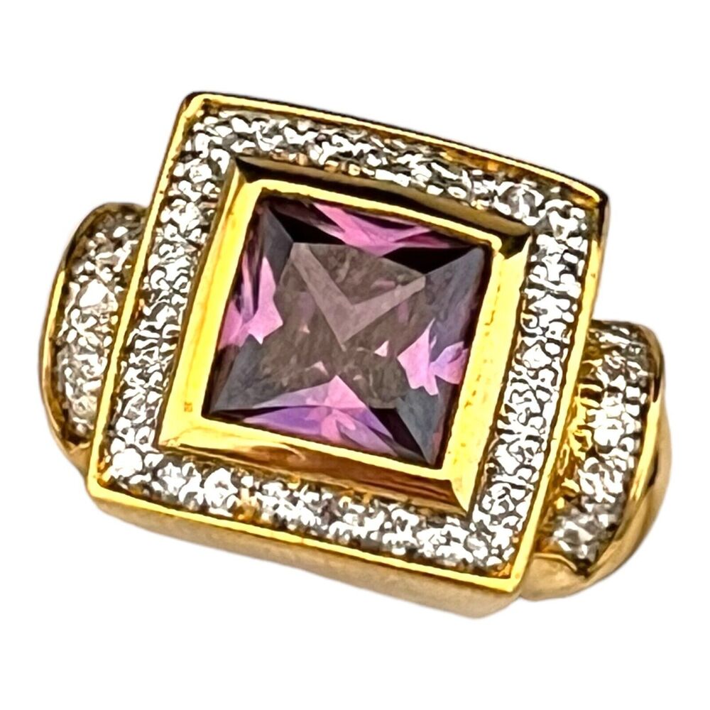 Vintage 1980s Uncas CZ Ring Purple Sterling Silver Gold Plated Size 4.75 - 5J